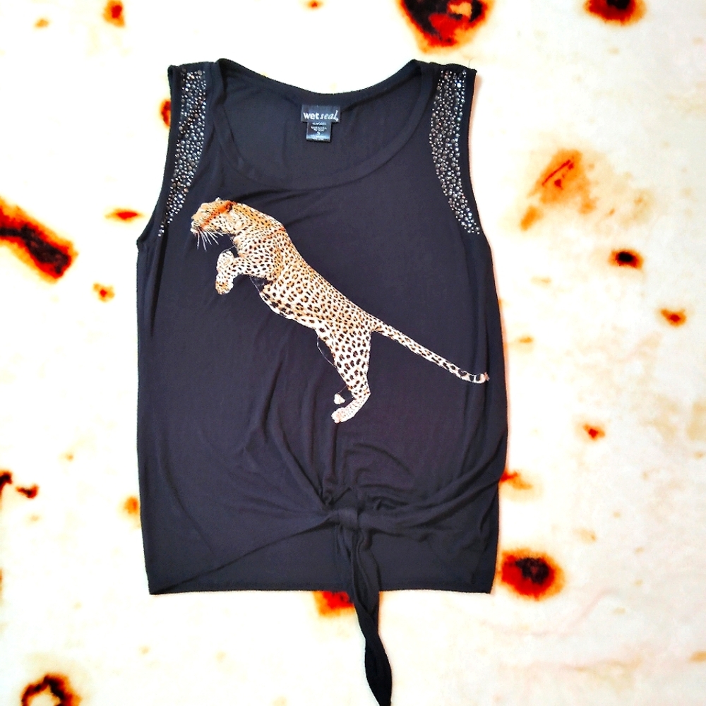 🖤3for25🖤 Vtg Wet Seal Y2K Bedazzled Sleeveless Jaguar Front Tie blouse
